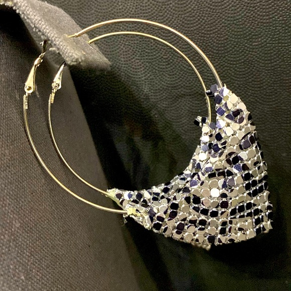 Vintage 80’s Silver tone Huge hoop dangling pierced Earrings with metal drop - Picture 1 of 7